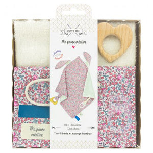 Kit doudou lapinou Liberty/cœur rose et bleu