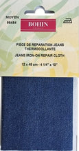 Charger l&#39;image dans la galerie, Pièce réparation thermocollante jeans 100 % coton 12 cm X 45 cm

