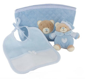 Trousse cadeau bleu : doudou ours et bavoir