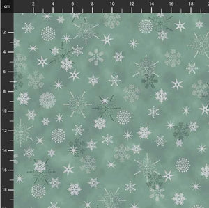 Tissu Stof Fabrics Christmas is near étoiles, flocons, rosaces verts clairs 112 cm